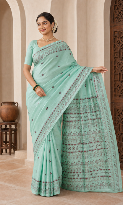 Pallavi Pista Green Tussar worn front