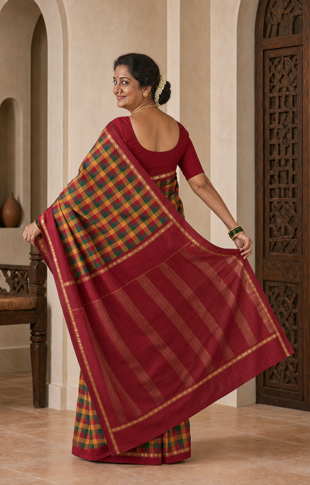 Karaikudi Maroon Chettinad worn back