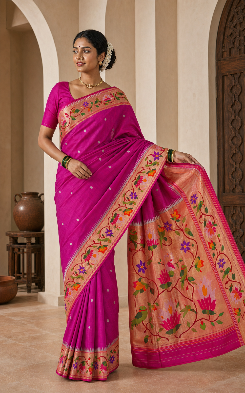 Pushparani Rani Pink Paithani worn front