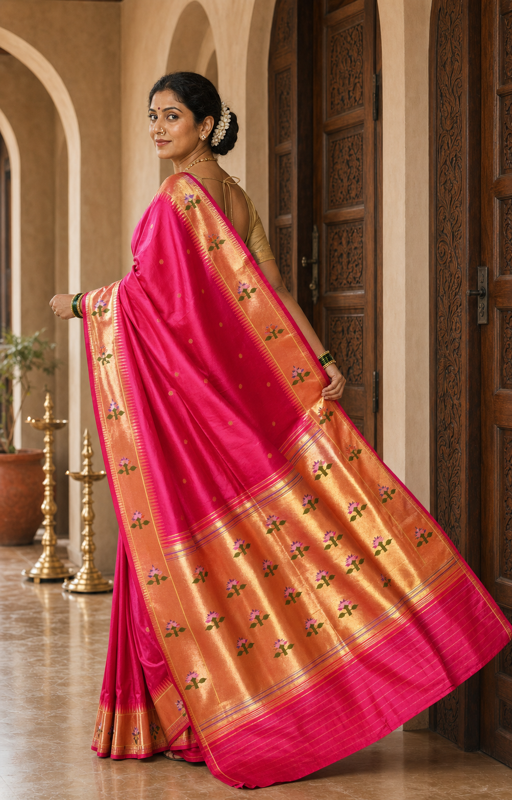 Gulnaar Pink Paithani worn back
