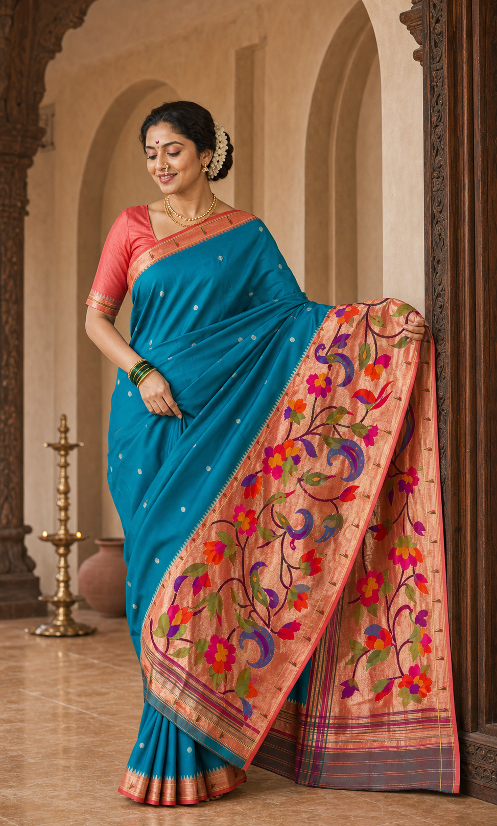 Neelkanth Peacock Blue Paithani worn front