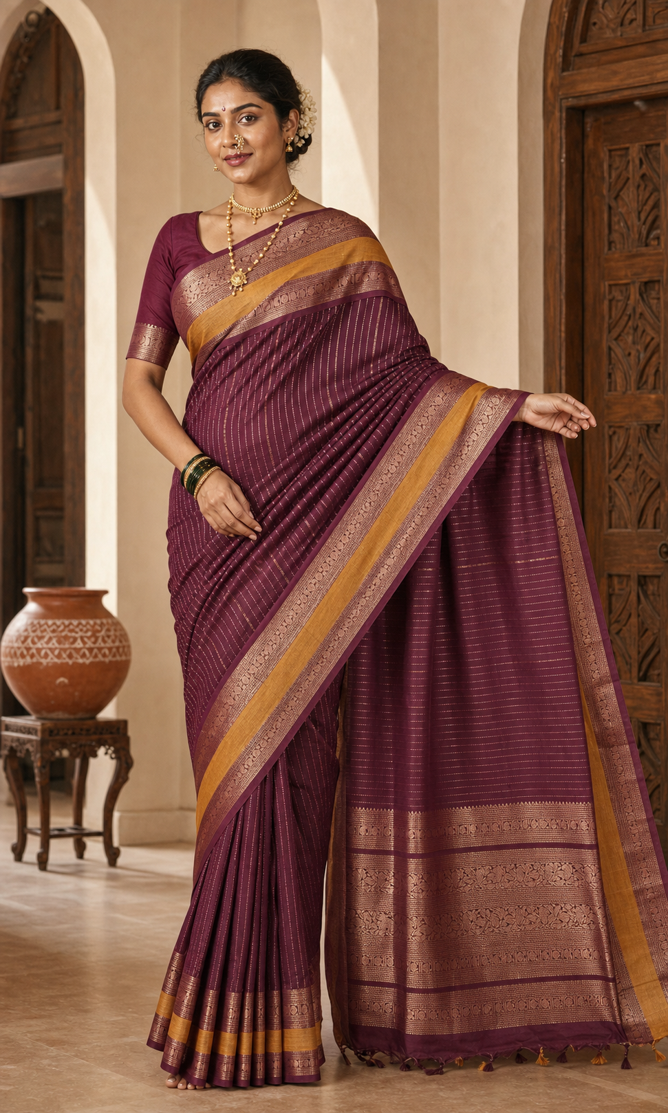 Madira Wine Handloom Silk worn front