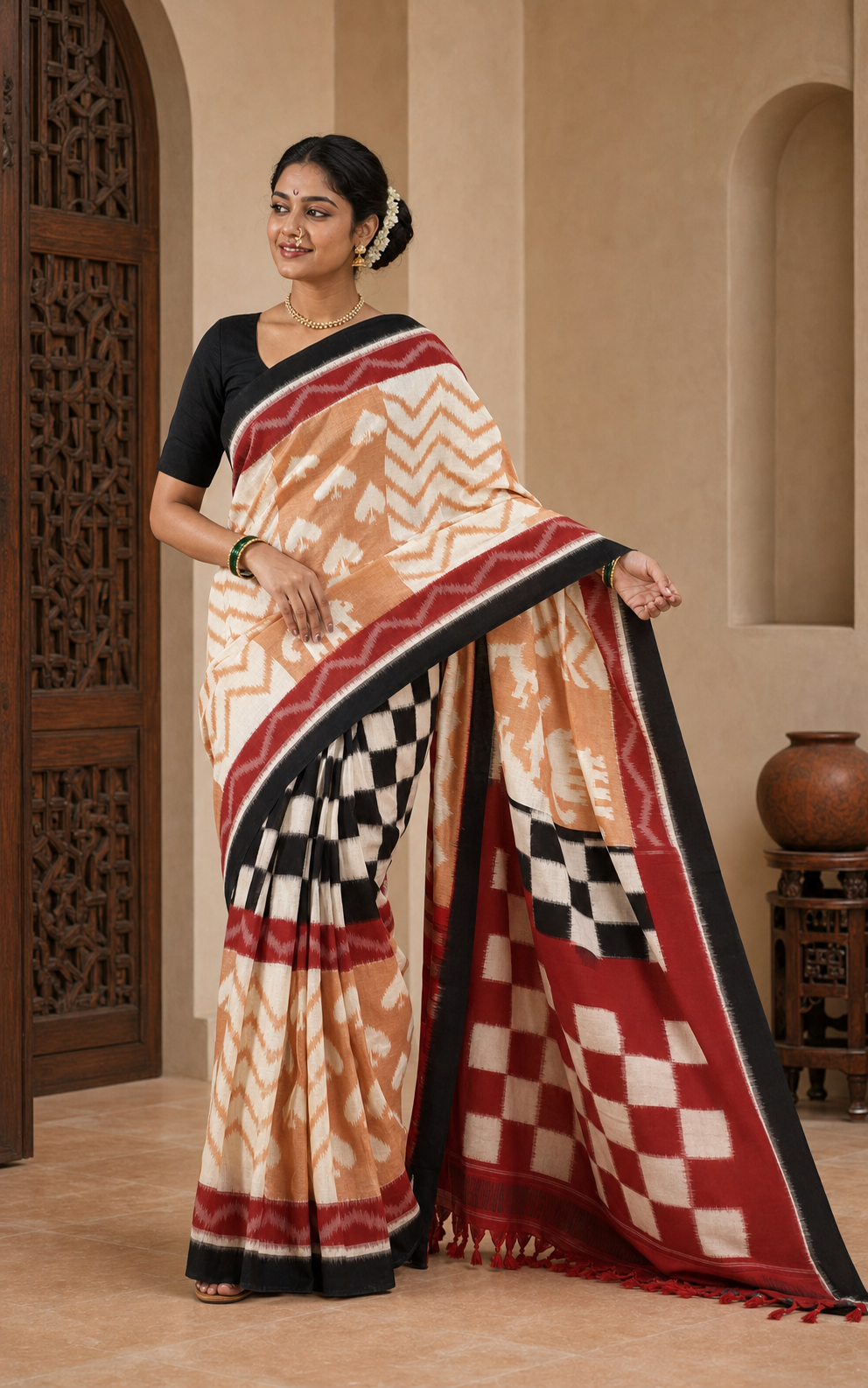 Indradhanu Multicolor Pochampally worn front