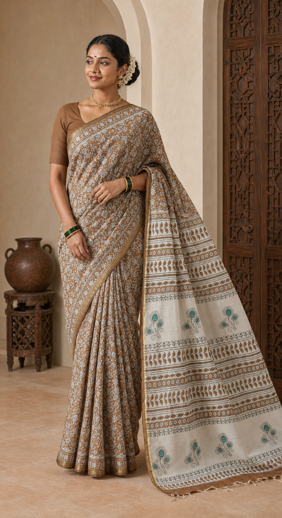 Mrittika Brown Chanderi worn front
