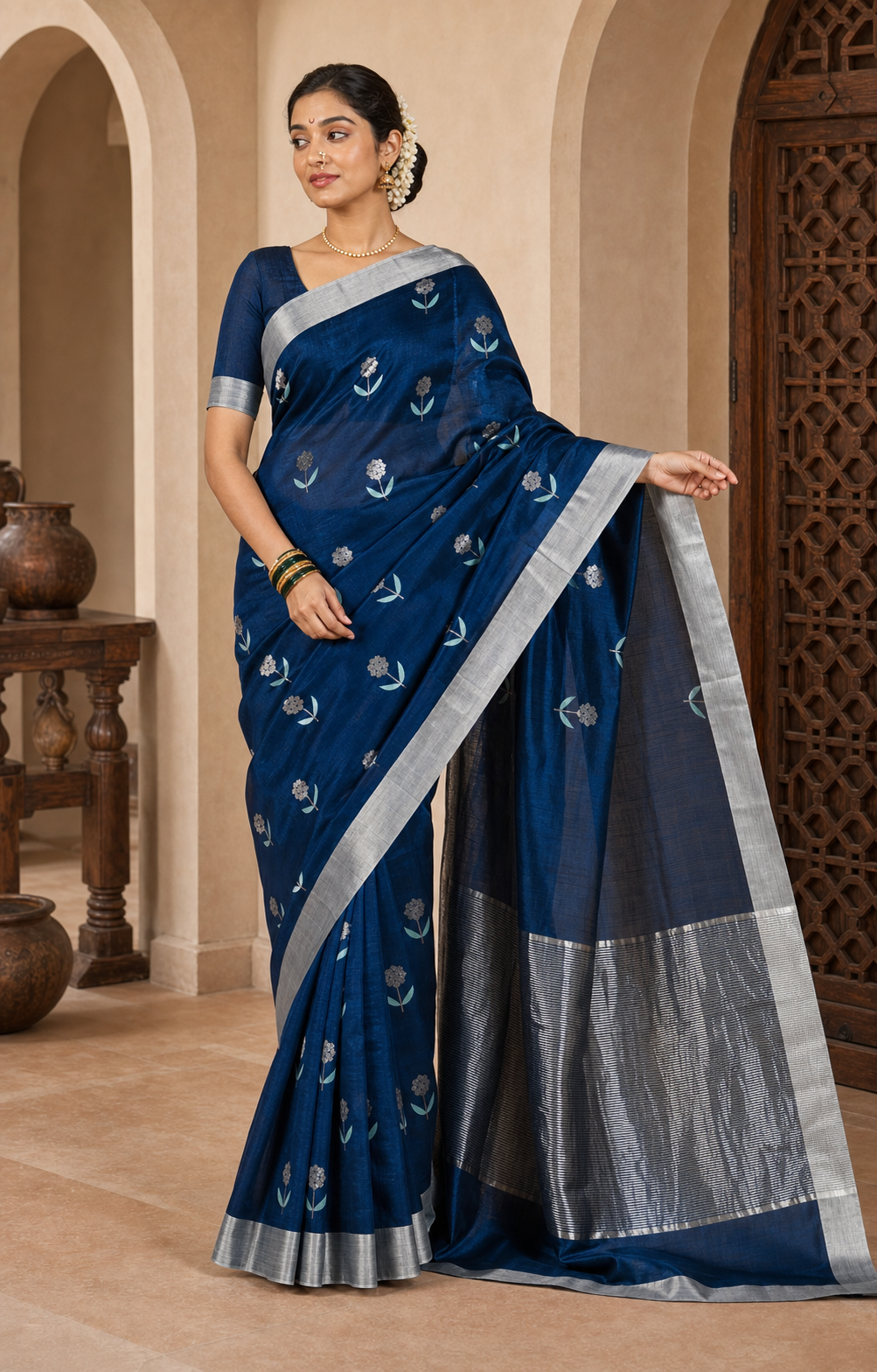 Ambara Blue Chanderi worn front