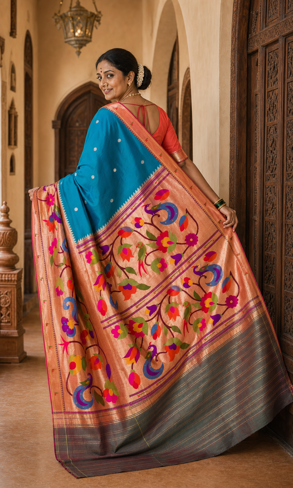 Neelkanth Peacock Blue Paithani worn back