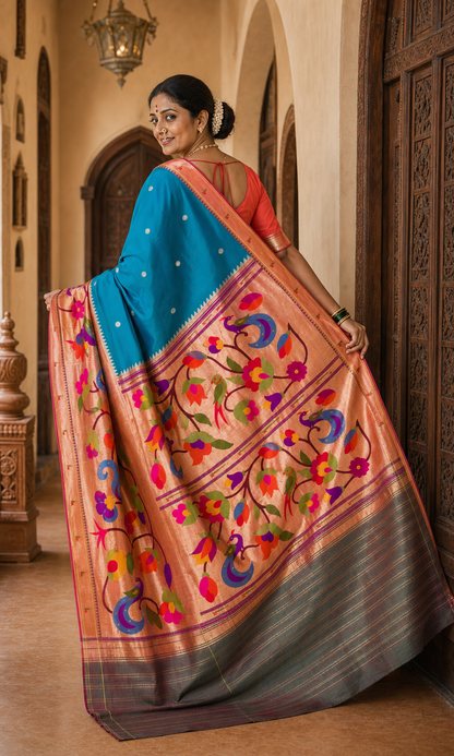 Neelkanth Peacock Blue Paithani worn back