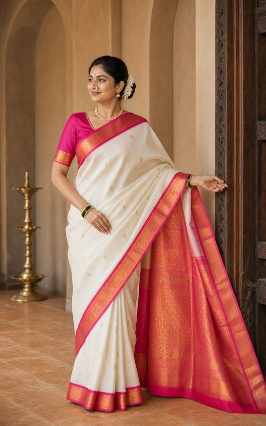 Malini Ivory Kanjeevaram worn front