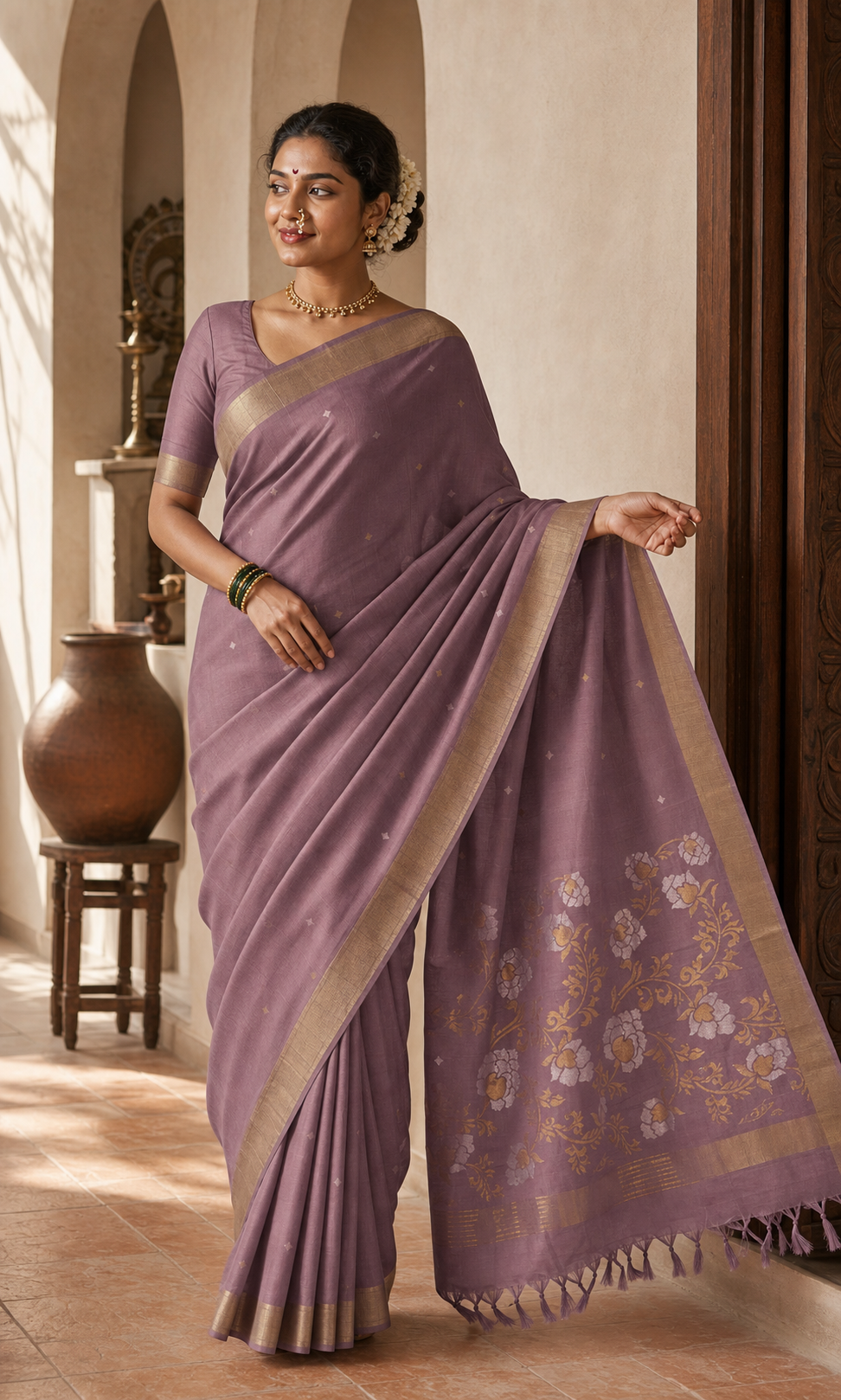Sandhya Mauve Mysore Silk worn front