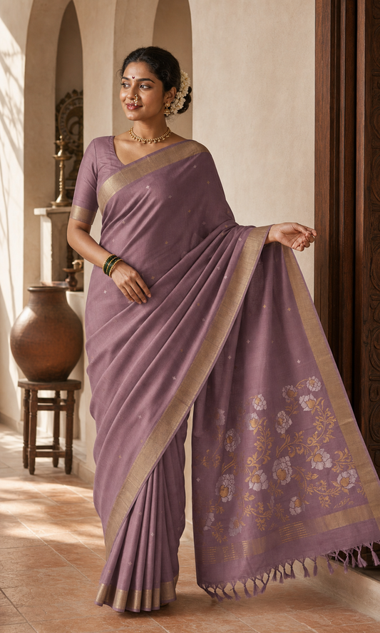 Sandhya Mauve Mysore Silk worn front