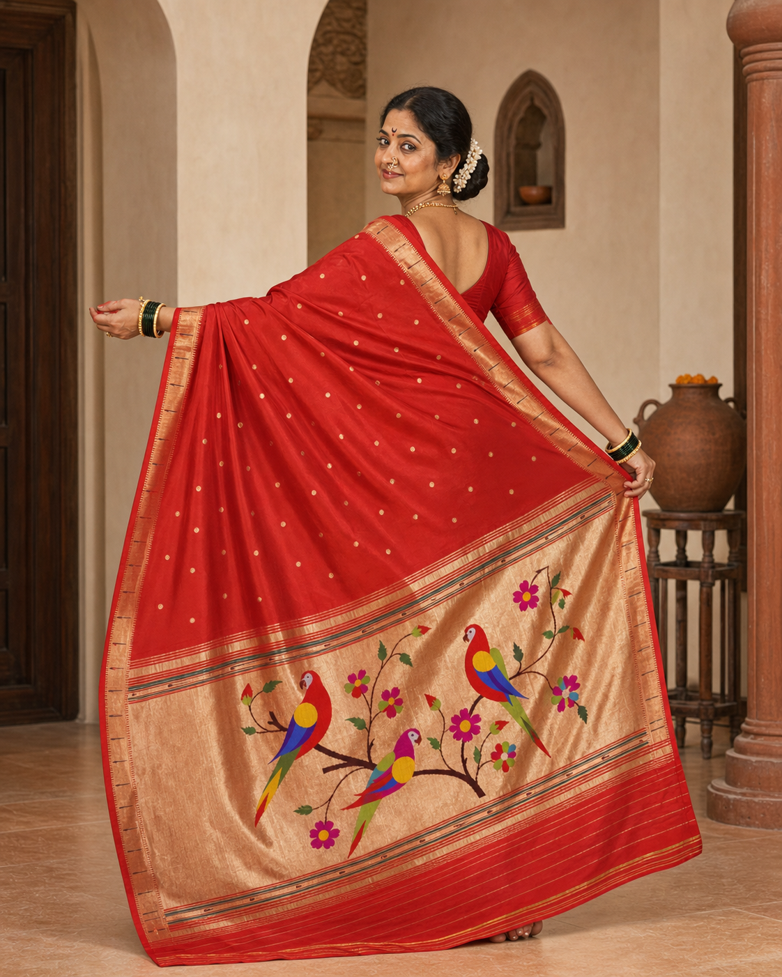 Popat Red Paithani worn back