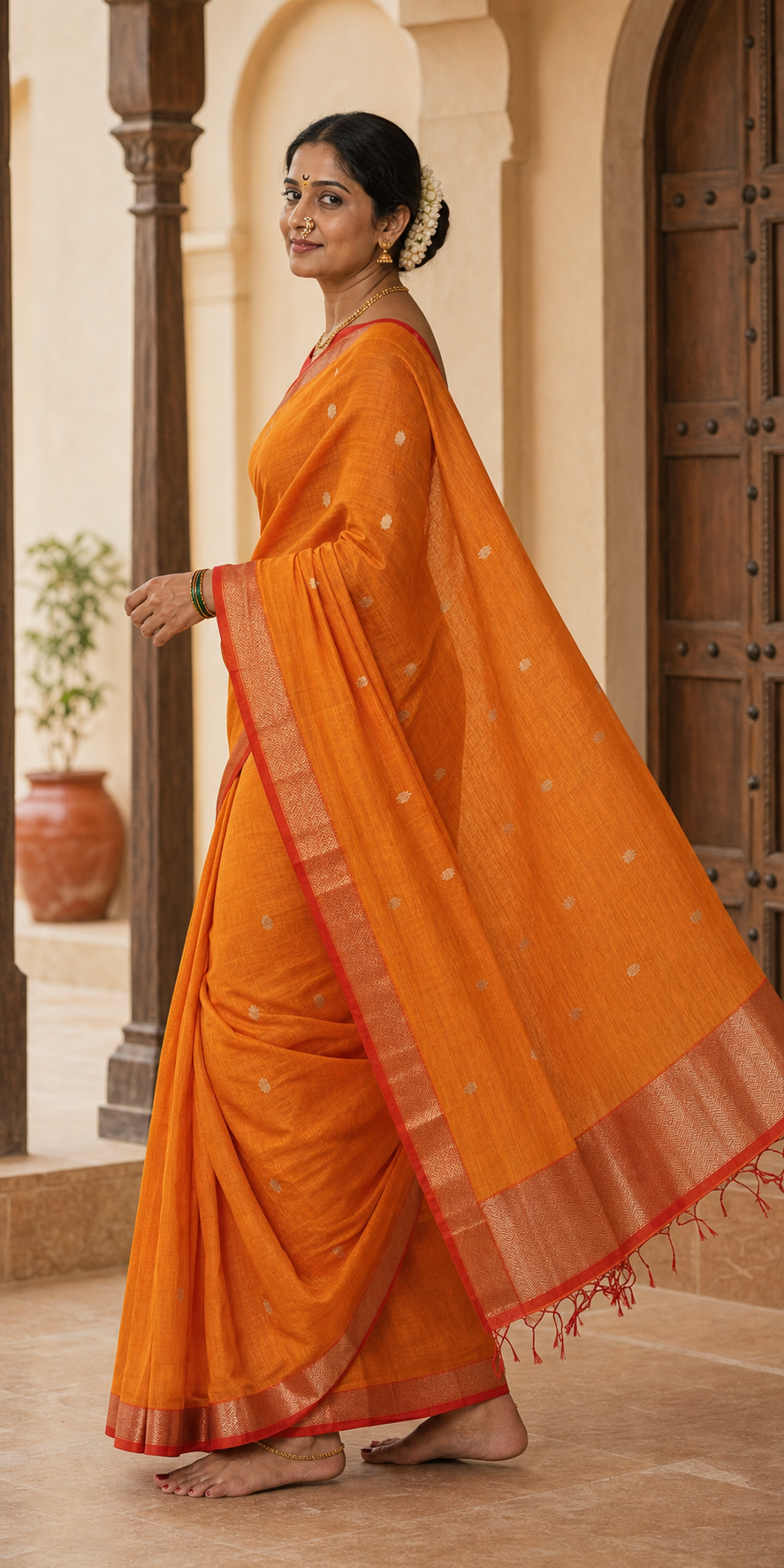 Suvarna Orange Mangalagiri worn back