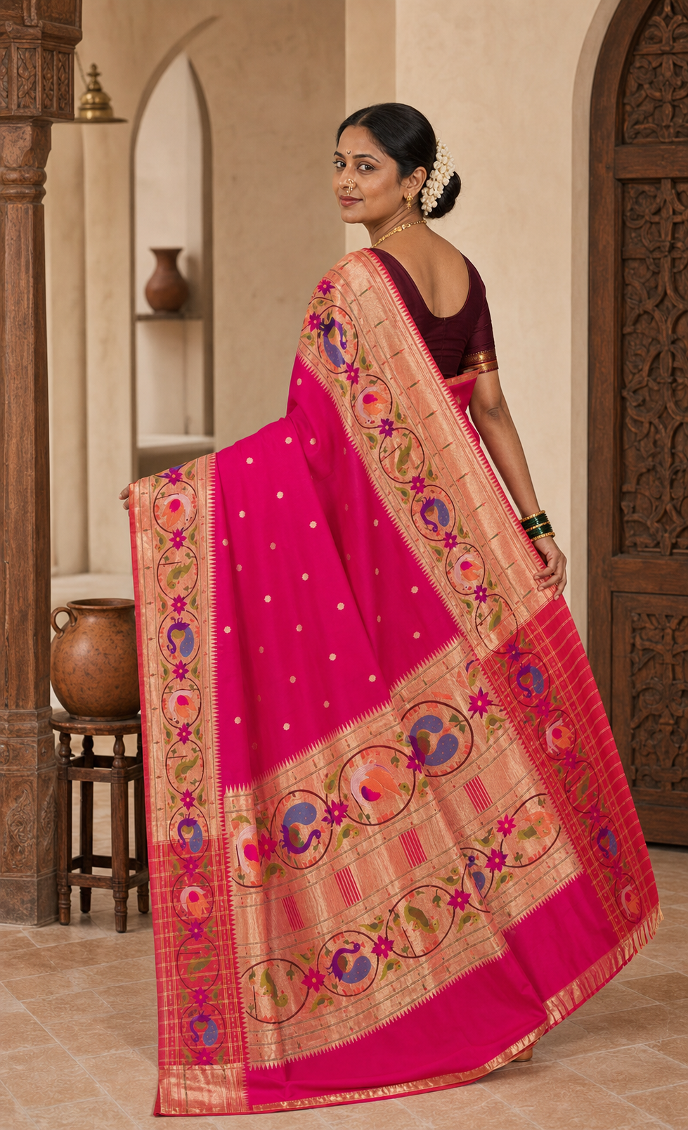 Rani Rani Pink Paithani worn back