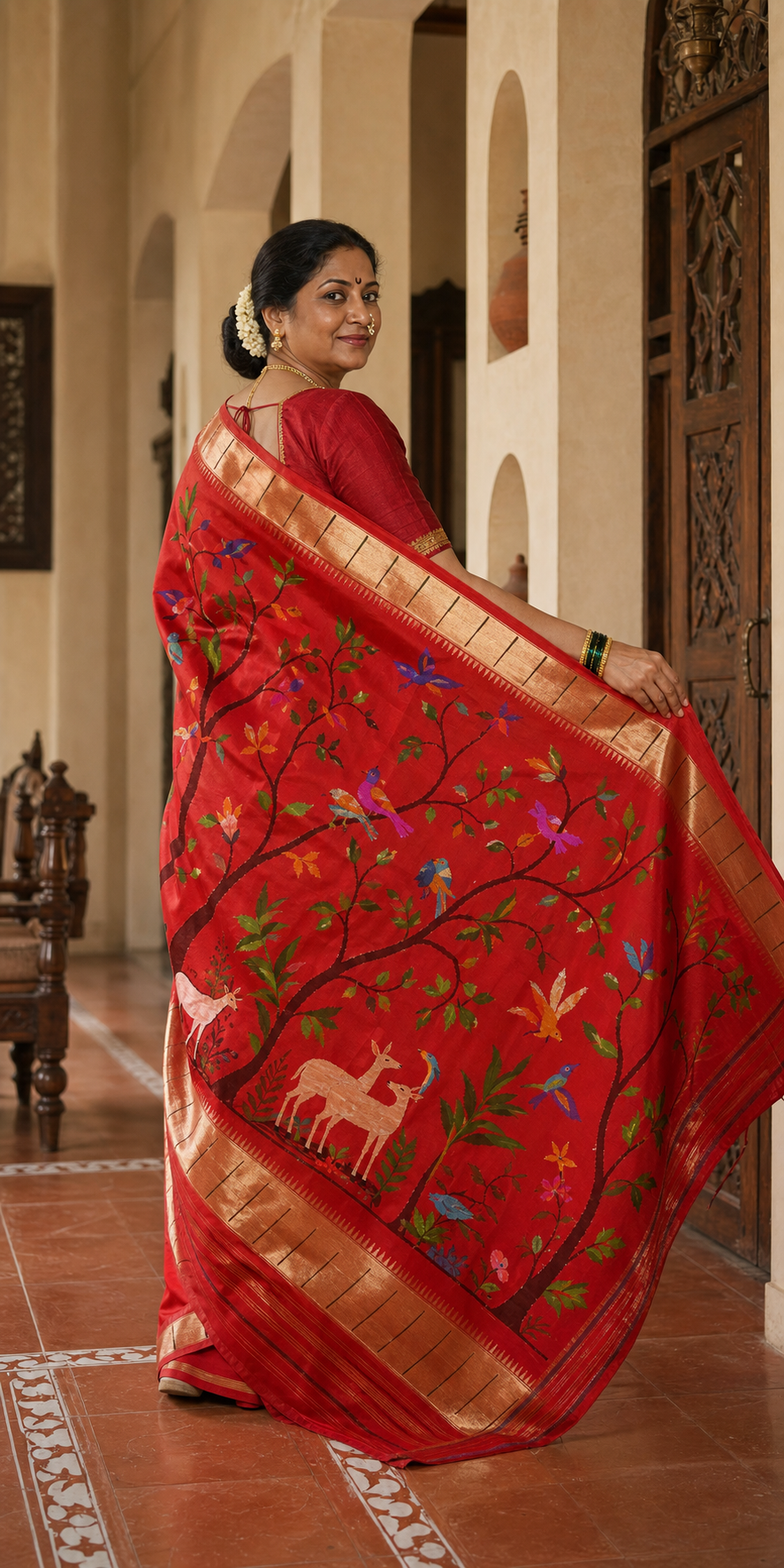 Aranya Red Paithani worn back