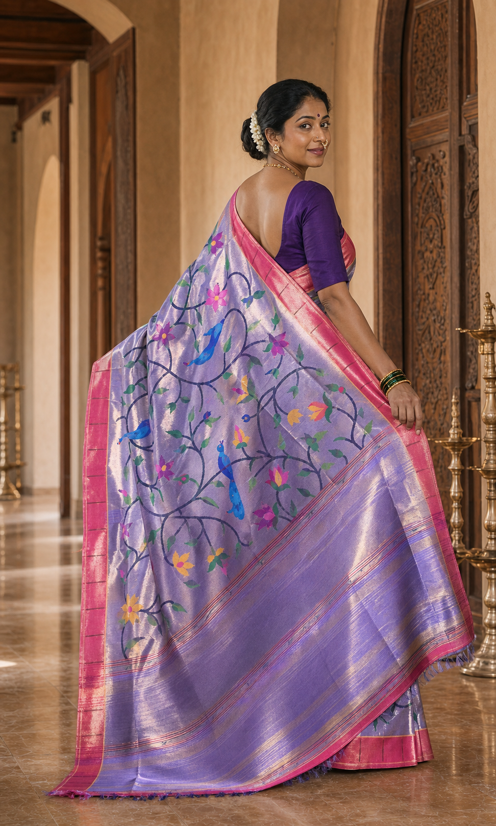 Mayuri Lilac Paithani worn back