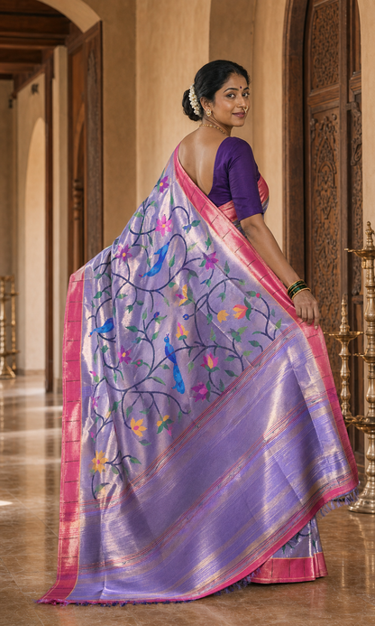 Mayuri Lilac Paithani worn back