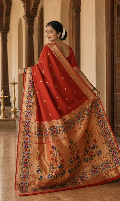 Morpankh Red Paithani worn back