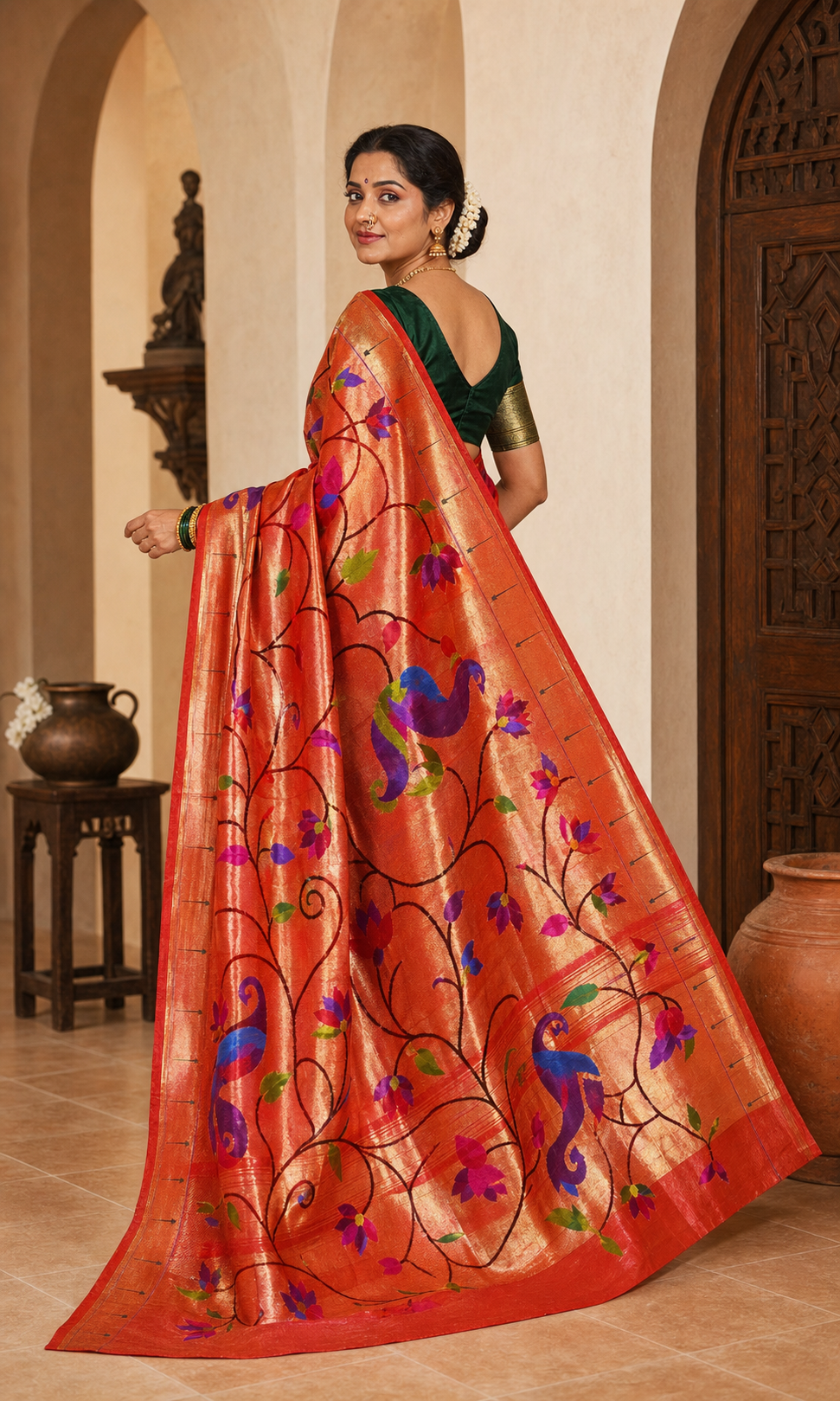 Raktavarni Red Paithani worn back