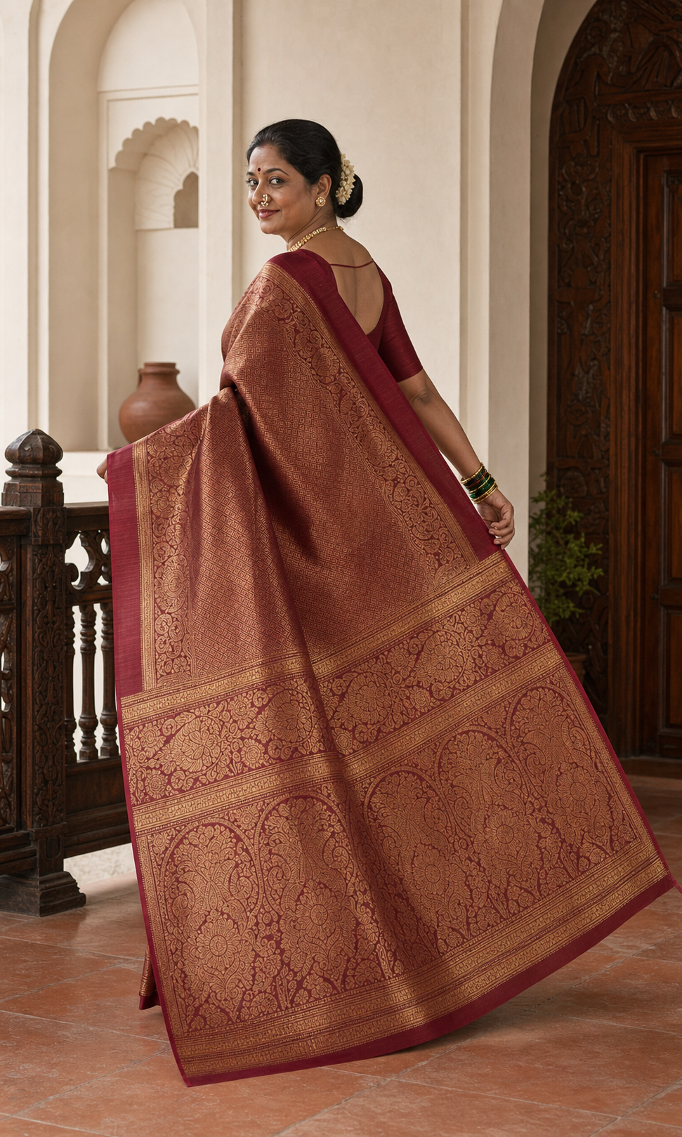 Arakku Maroon Kanjeevaram worn back