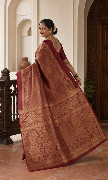 Arakku Maroon Kanjeevaram worn back