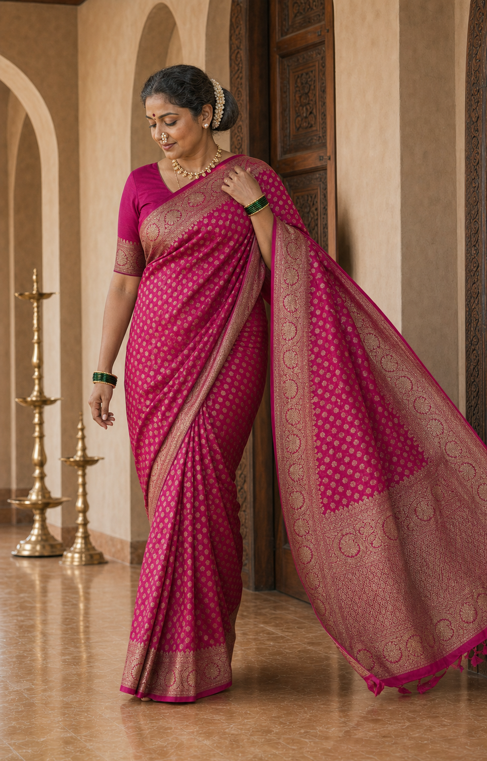 Purana Rani Pink Banarasi worn back