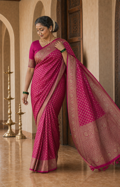 Purana Rani Pink Banarasi worn back