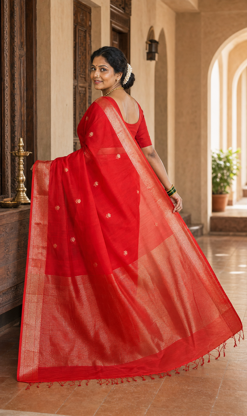 Ahilya Red Maheshwari worn back