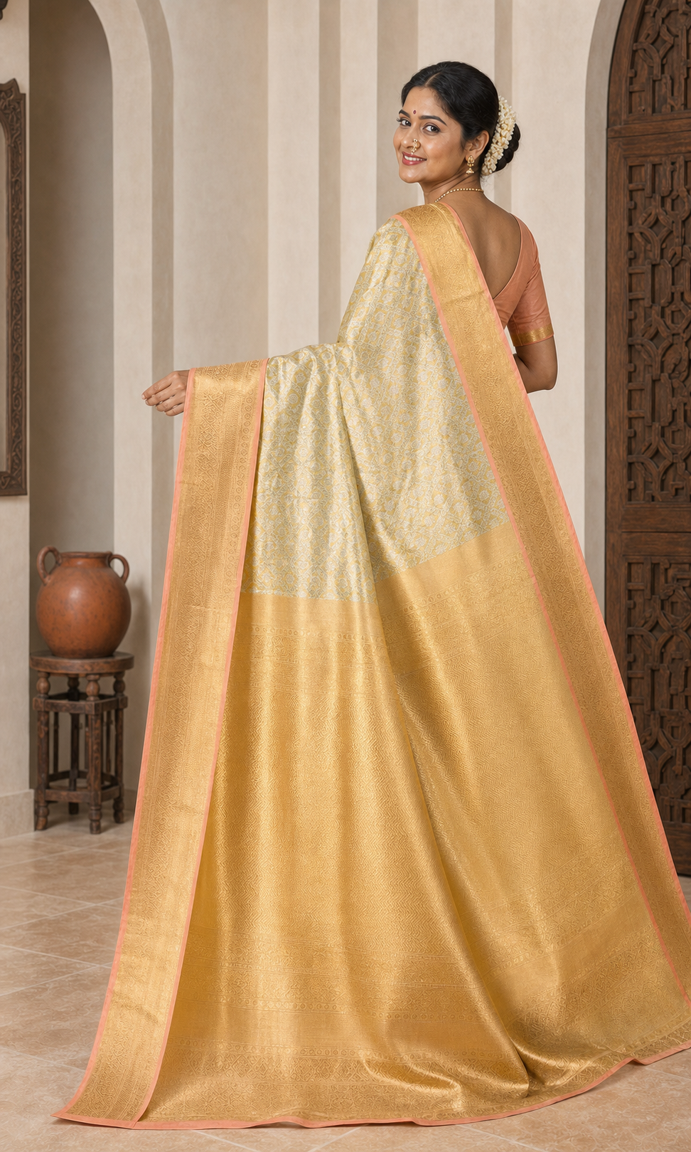 Swarnima Cream Kanjeevaram worn back