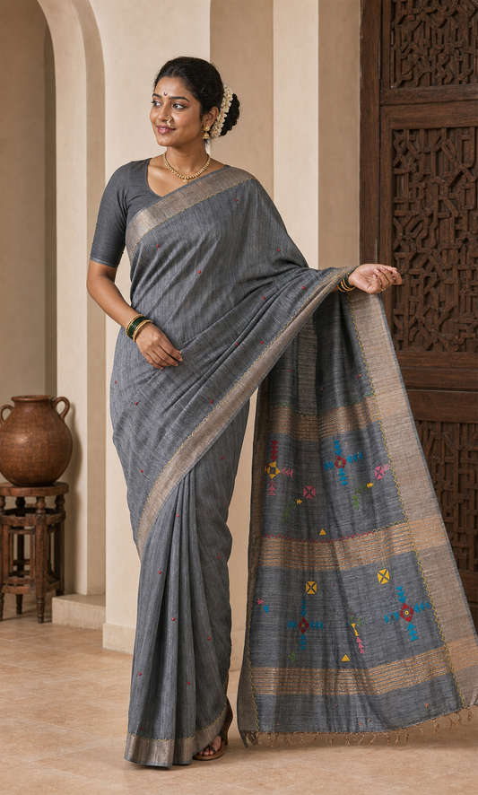 Dhoomil Grey Tussar worn front