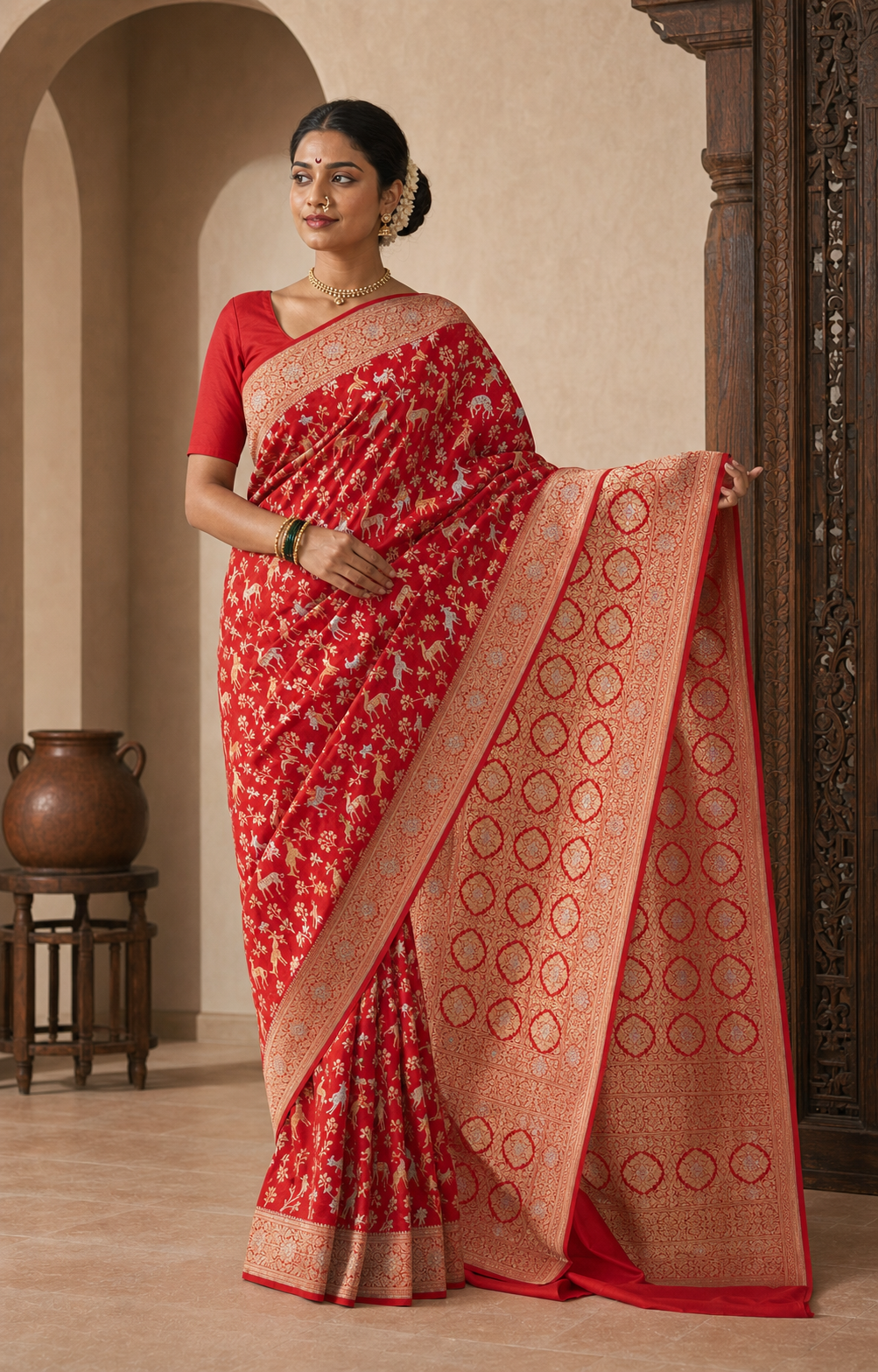 Mrigaya Red Banarasi worn front