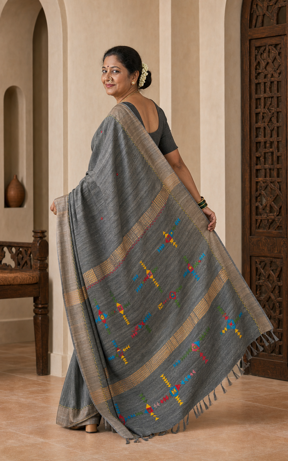 Dhoomil Grey Tussar worn back