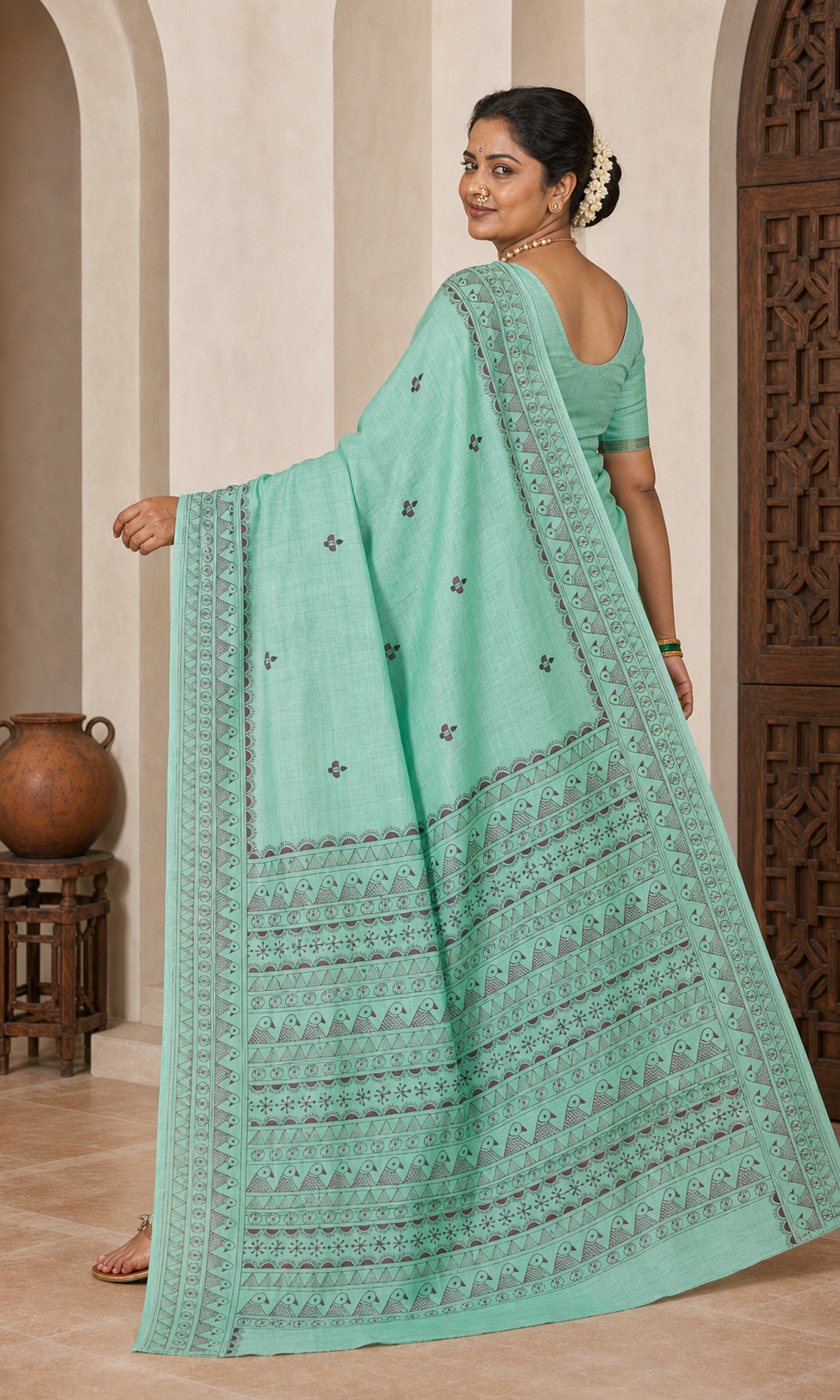 Pallavi Pista Green Tussar worn back