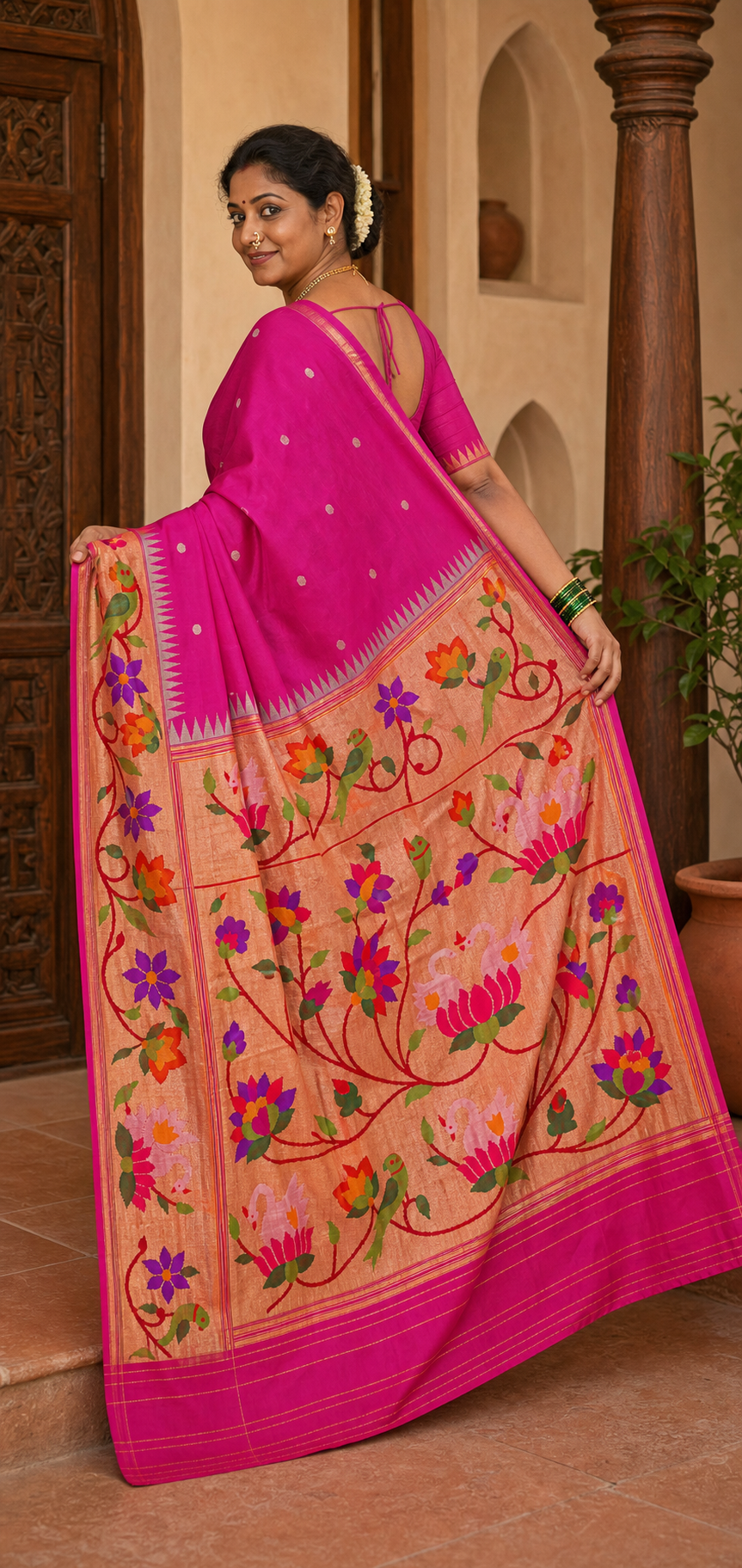 Pushparani Rani Pink Paithani worn back