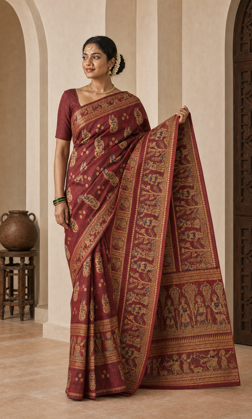 Kahaani Maroon Baluchari worn front