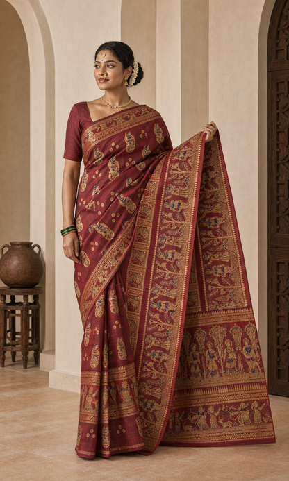 Kahaani Maroon Baluchari worn front