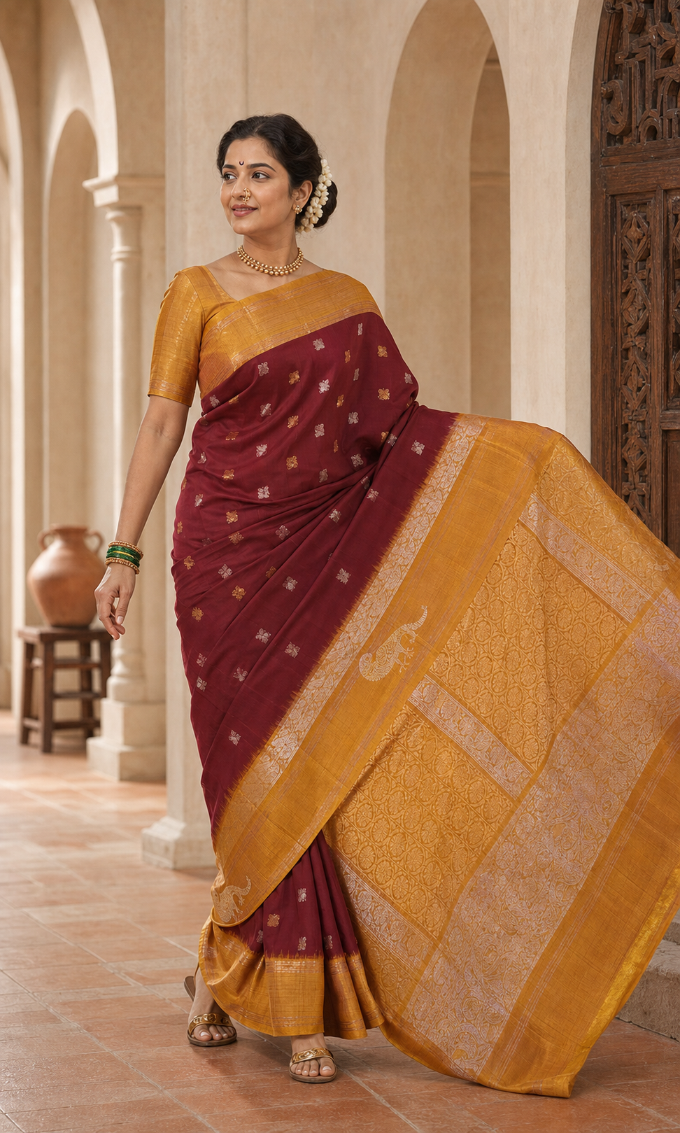 Sanchi Maroon Gadwal worn back