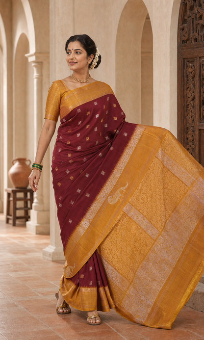 Sanchi Maroon Gadwal worn back
