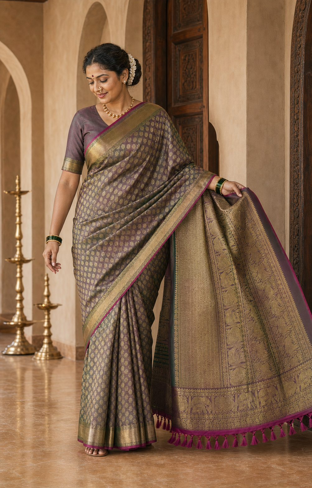 Ratnamala Green Kanjeevaram worn back