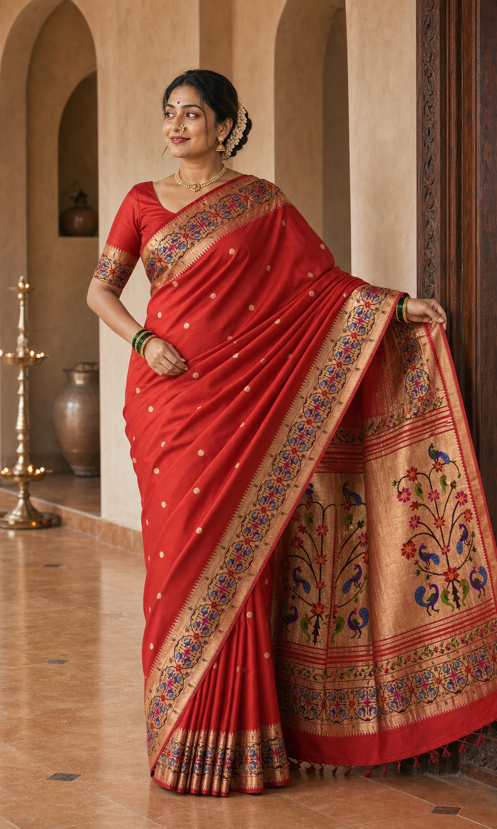 Morpankh Red Paithani worn front