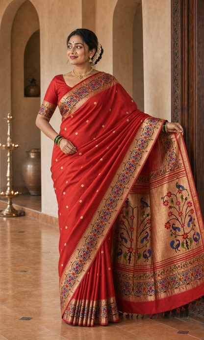 Morpankh Red Paithani worn front