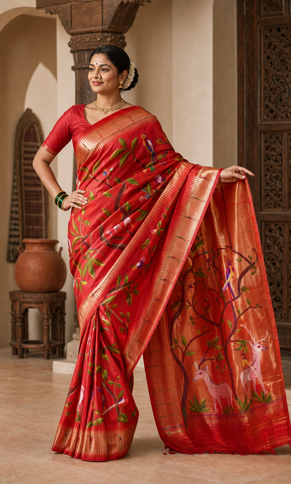 Aranya Red Paithani worn front