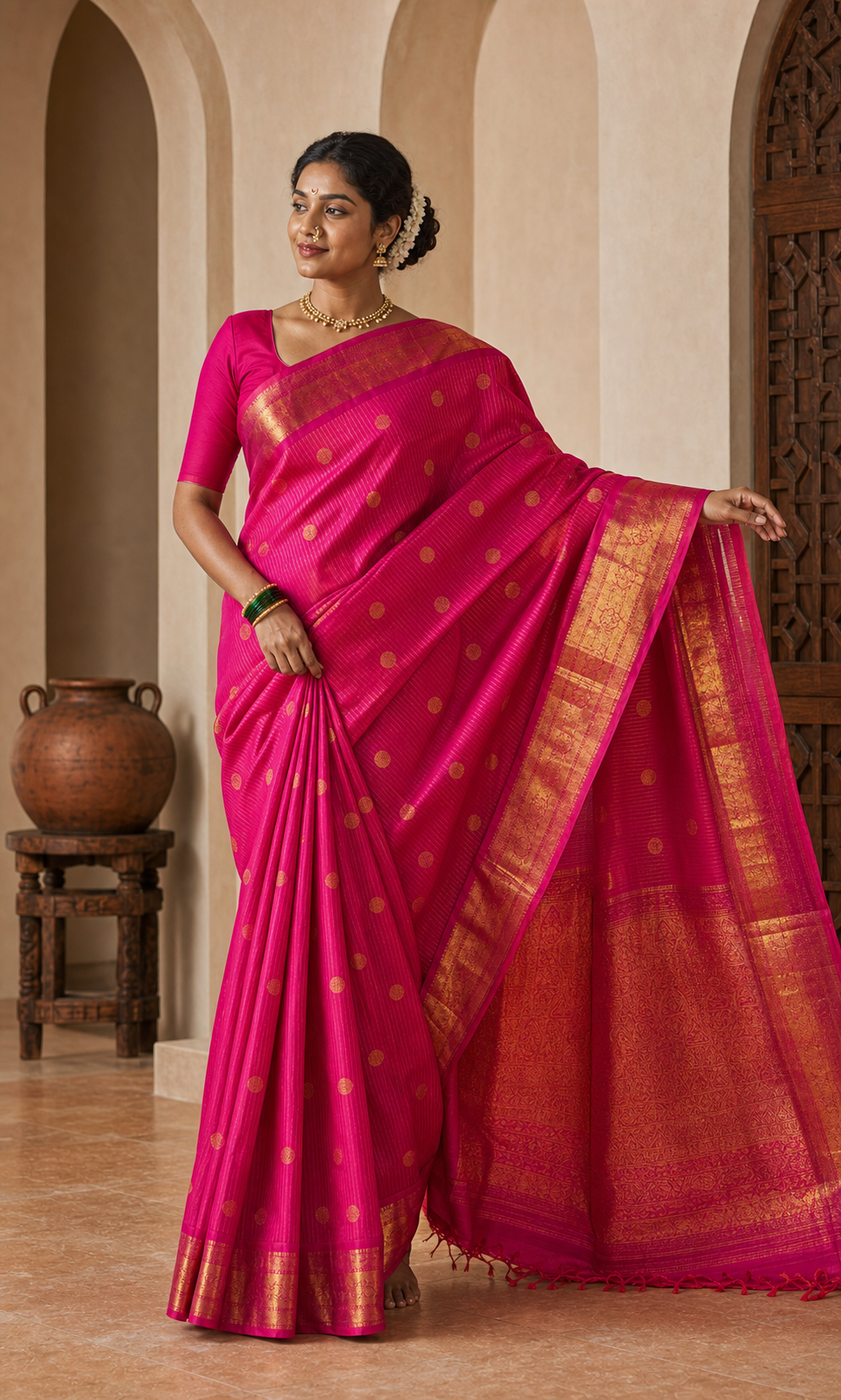 Lakshmi Rani Pink Kanjeevaram worn front