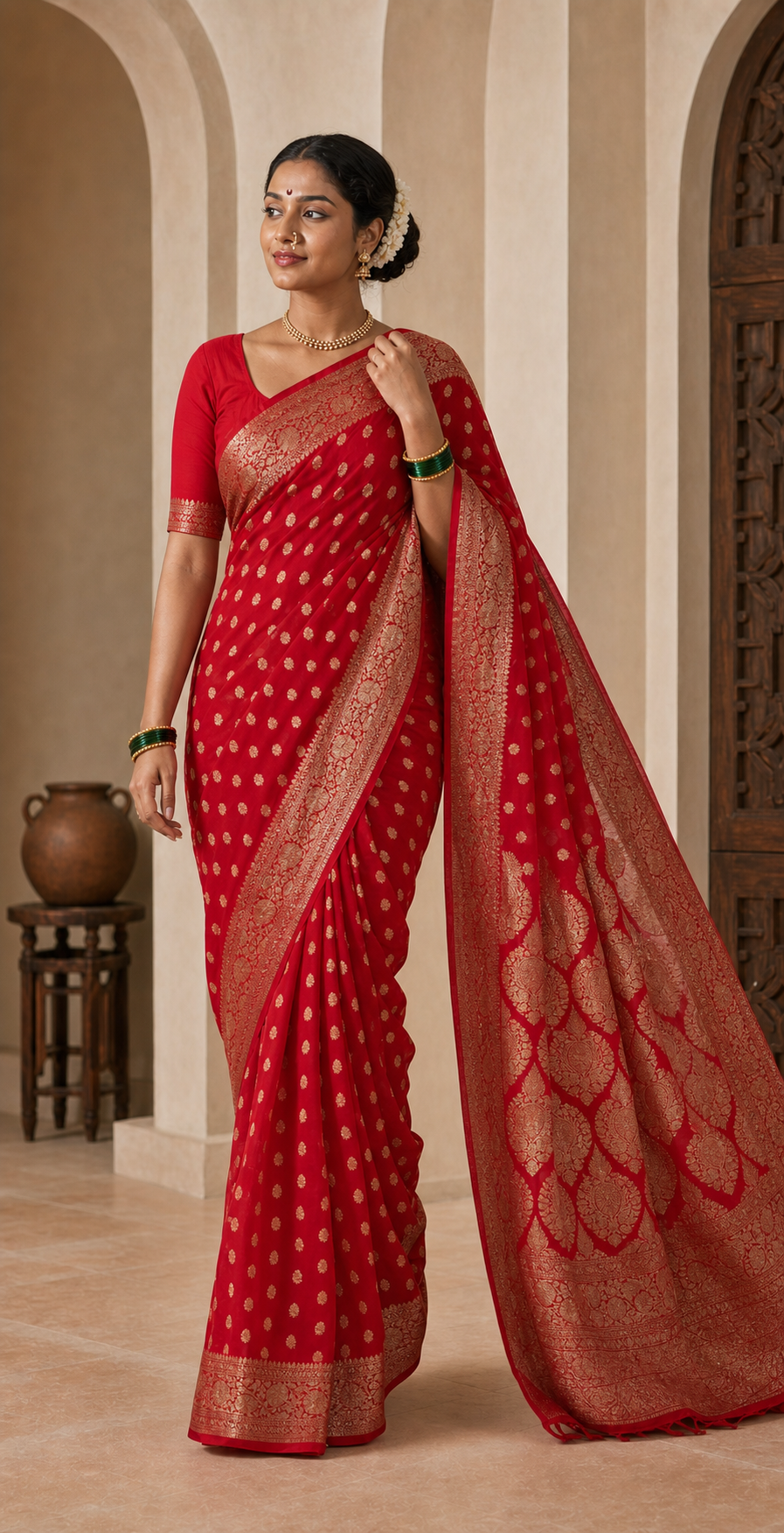 Lahza Red Banarasi worn front