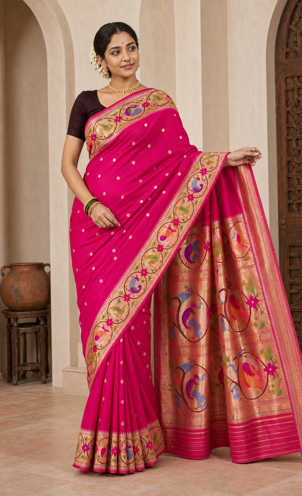 Rani Rani Pink Paithani worn front