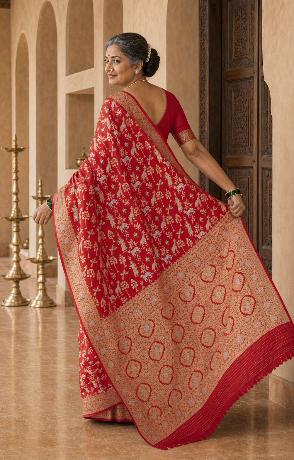 Mrigaya Red Banarasi worn back