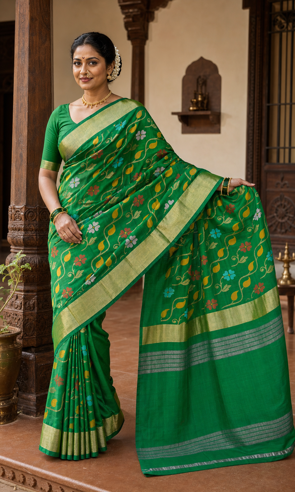 Vanmala Green Uppada worn front