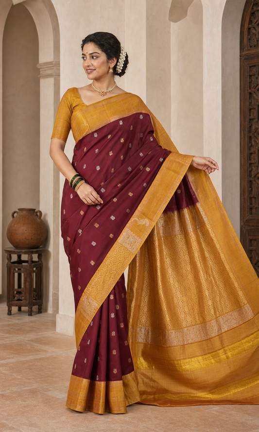 Sanchi Maroon Gadwal worn front