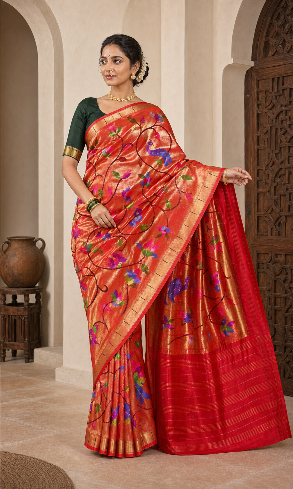 Raktavarni Red Paithani worn front