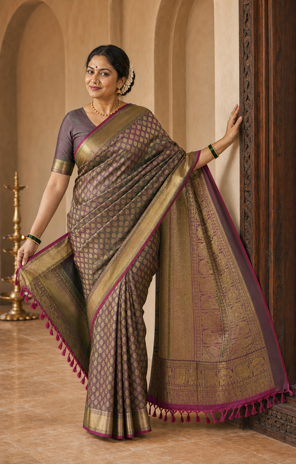Ratnamala Green Kanjeevaram worn front