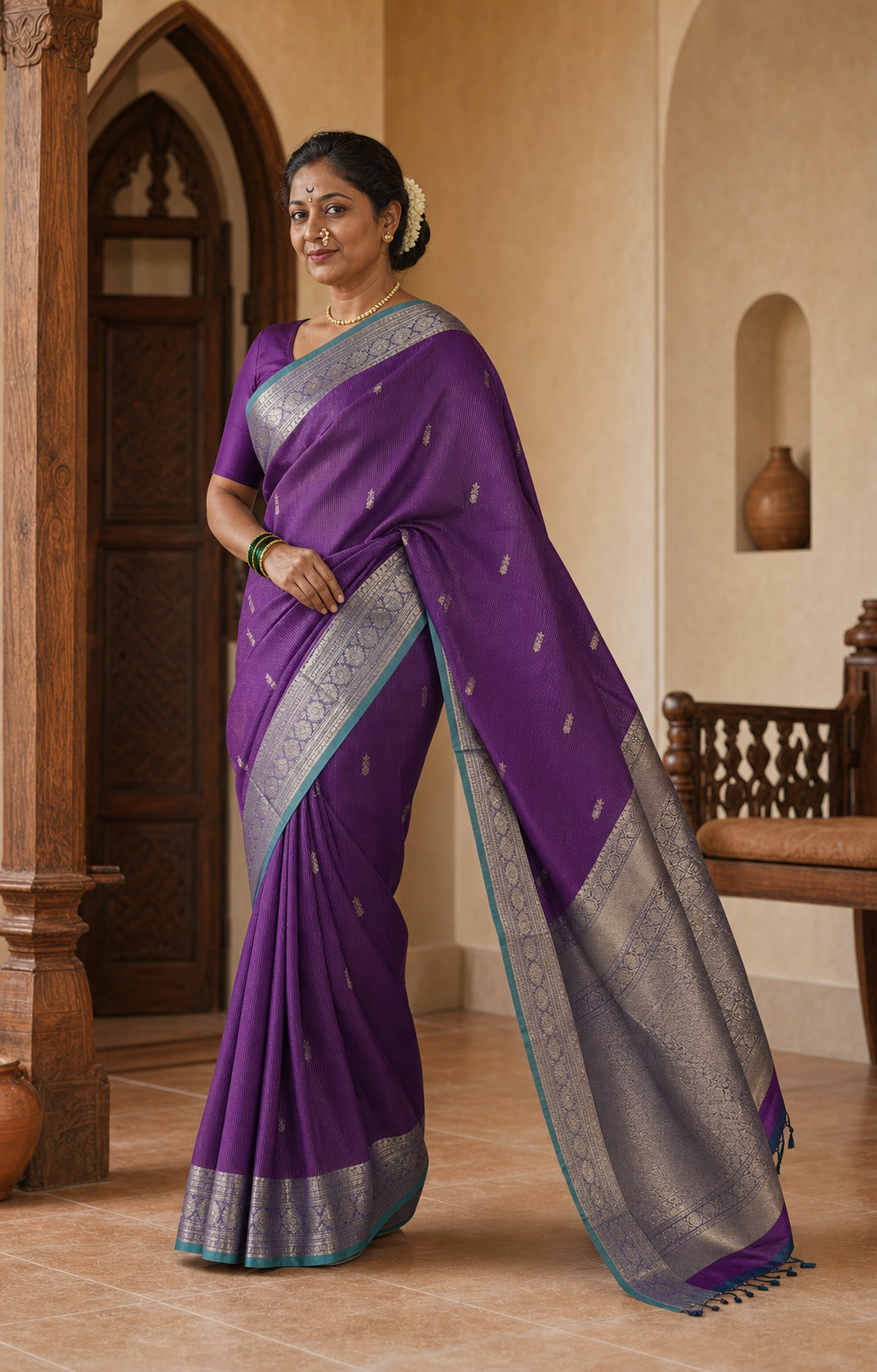 Nabhomani Purple Gadwal worn back